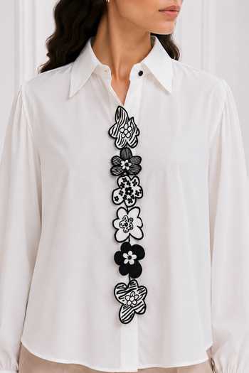 Nivedita Saboo_White Cotton, Twill Collared Neck Floral Placket Embroidered Shirt _Online_at_Aza_Fashions