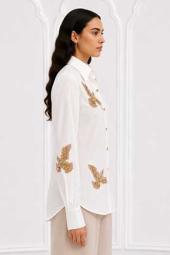 Nivedita Saboo_White Cotton, Satin Collared Neck Bird Embroidered Shirt _Online_at_Aza_Fashions