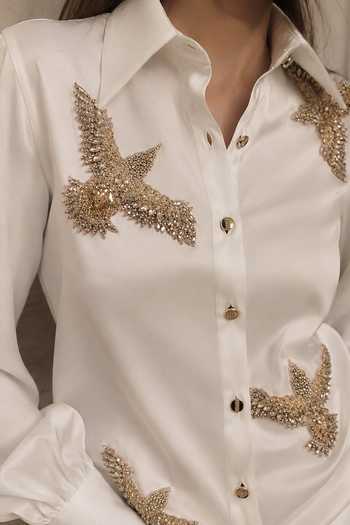 Buy_Nivedita Saboo_White Cotton, Satin Collared Neck Bird Embroidered Shirt _Online_at_Aza_Fashions