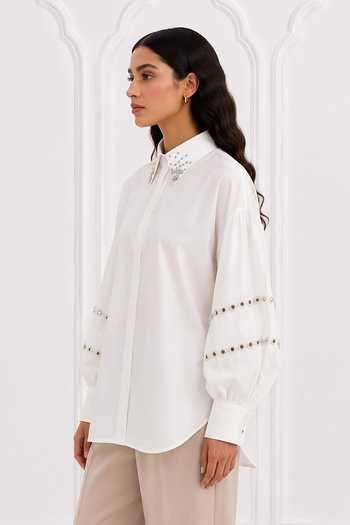 Nivedita Saboo_White Cotton Collared Neck Crystal Embellished Shirt _Online_at_Aza_Fashions