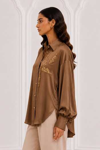 Nivedita Saboo_Brown Cotton Collared Neck Geometric Embroidered Shirt _Online_at_Aza_Fashions
