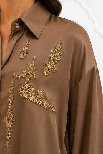 Buy_Nivedita Saboo_Brown Cotton Collared Neck Geometric Embroidered Shirt _Online_at_Aza_Fashions