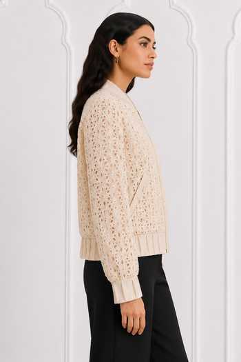 Nivedita Saboo_Ivory Mandarin Collar Pret Geometric Cutwork Bomber Jacket _Online_at_Aza_Fashions