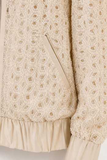 Buy_Nivedita Saboo_Ivory Mandarin Collar Pret Geometric Cutwork Bomber Jacket _Online_at_Aza_Fashions
