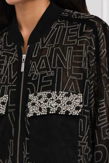 Nivedita Saboo Black Net, Velvet Mandarin Collar Pret Alphabet Embroidered Bomber Jacket Online at Aza Fashions Nivedita Saboo_Black Net, Velvet Mandarin Collar Pret Alphabet Embroidered Bomber Jacket _Online_at_Aza_Fashions