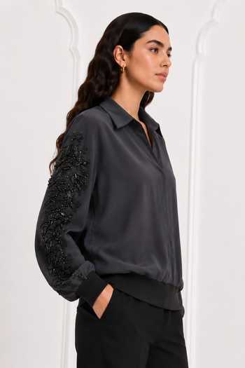 Nivedita Saboo_Blue Collared Neck Pret Sleeve Embroidered Bomber Jacket _Online_at_Aza_Fashions