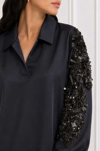 Buy_Nivedita Saboo_Blue Collared Neck Pret Sleeve Embroidered Bomber Jacket _Online_at_Aza_Fashions