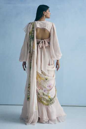 Shop Meher By Islie Pink Silk Round Neck Printed Pre-draped Saree With Blouse at Aza Fashions Shop_Meher By Islie_Pink Silk Round Neck Printed Pre-draped Saree With Blouse _at_Aza_Fashions