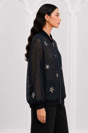 Nivedita Saboo Blue Organza, Velvet Mandarin Collar Pret Starburst Embroidered Bomber Jacket Online at Aza Fashions Nivedita Saboo_Blue Organza, Velvet Mandarin Collar Pret Starburst Embroidered Bomber Jacket _Online_at_Aza_Fashions
