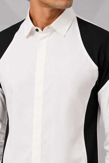 Buy_Nivedita Saboo_Black Cotton, Satin Color Block Panelled Shirt _Online_at_Aza_Fashions