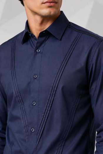 Buy_Nivedita Saboo_Blue Cotton, Satin Pintucked Embroidered Shirt _Online_at_Aza_Fashions