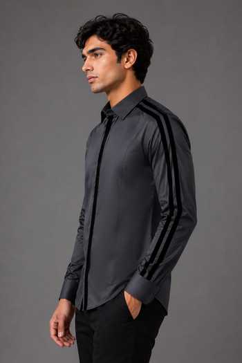 Nivedita Saboo_Grey Velvet, Cotton Satin Placed Striped Accent Shirt _Online_at_Aza_Fashions