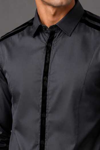 Buy_Nivedita Saboo_Grey Velvet, Cotton Satin Placed Striped Accent Shirt _Online_at_Aza_Fashions