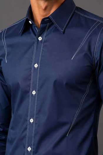 Nivedita Saboo_Blue Cotton, Satin Contrast Topstitched Shirt _Online_at_Aza_Fashions