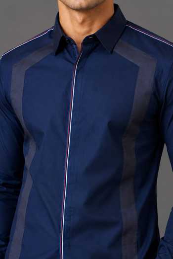Nivedita Saboo_Blue Cotton Satin Tonal Panel Detailed Shirt _Online_at_Aza_Fashions