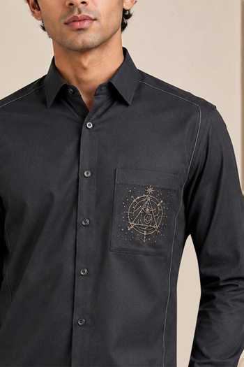 Nivedita Saboo_Grey Cotton, Satin Embroidered Pocket Patch Shirt _Online_at_Aza_Fashions