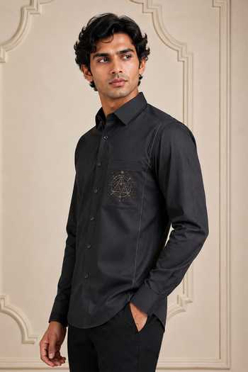 Buy_Nivedita Saboo_Grey Cotton, Satin Embroidered Pocket Patch Shirt _Online_at_Aza_Fashions