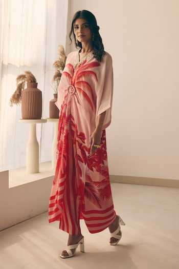 Shop_Meher By Islie_Pink Crepe V-neck Printed Kaftan With Pant _Online_at_Aza_Fashions