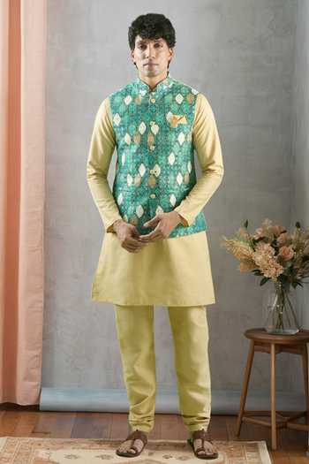 Shop_Arihant Rai Sinha_Green Cotton, Silk Sequins, Embroidery Bandhani Printed Kurta And Bundi Set 