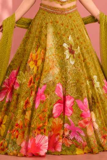 Neha Khullar Green Organza, Viscose Floral Print Embroidered Blouse Lehenga Set Online at Aza Fashions Neha Khullar_Green Organza, Viscose Floral Print Embroidered Blouse Lehenga Set _Online_at_Aza_Fashions