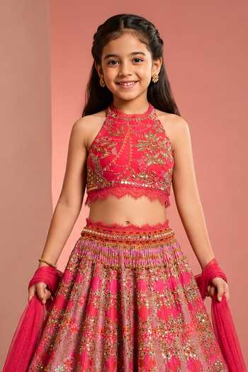 Neha Khullar Pink Silk, Organza, Net, Viscose, Crepe Embroidered Lehenga Halter Blouse Set Online at Aza Fashions Neha Khullar_Pink Silk, Organza, Net, Viscose, Crepe Embroidered Lehenga Halter Blouse Set _Online_at_Aza_Fashions