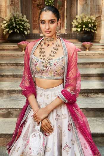 Shop MATSYA Pink Silk V-neck Udai Bagh Embroidered Bridal Lehenga Set Online at Aza Fashions Shop_MATSYA_Pink Silk V-neck Udai Bagh Embroidered Bridal Lehenga Set _Online_at_Aza_Fashions