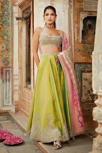 Buy MATSYA Olive Green Silk Square Neck The Aurum Temple Embroidered Blouse Sharara Set Online at Aza Fashions Buy_MATSYA_Olive Green Silk Square Neck The Aurum Temple Embroidered Blouse Sharara Set _Online_at_Aza_Fashions