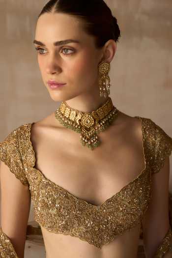 Shop MATSYA Gold Silk, Tissue Sweetheart Neck Tuscan Pardise Smoky Sandstone Lehenga Set Online at Aza Fashions Shop_MATSYA_Gold Silk, Tissue Sweetheart Neck Tuscan Pardise Smoky Sandstone Lehenga Set _Online_at_Aza_Fashions