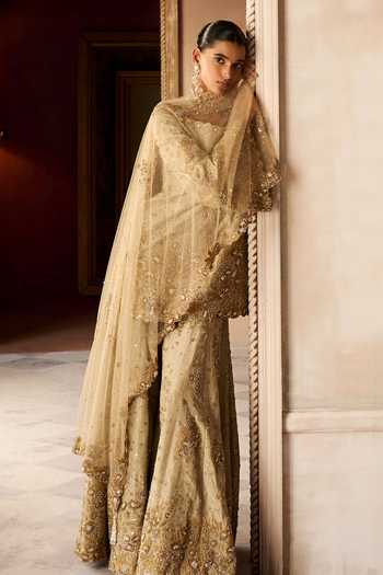 Shop MATSYA Gold Silk, Tissue Sweetheart The Mograbagh Smoky Sanstone Kurta Sharara Set Online at Aza Fashions Shop_MATSYA_Gold Silk, Tissue Sweetheart The Mograbagh Smoky Sanstone Kurta Sharara Set _Online_at_Aza_Fashions