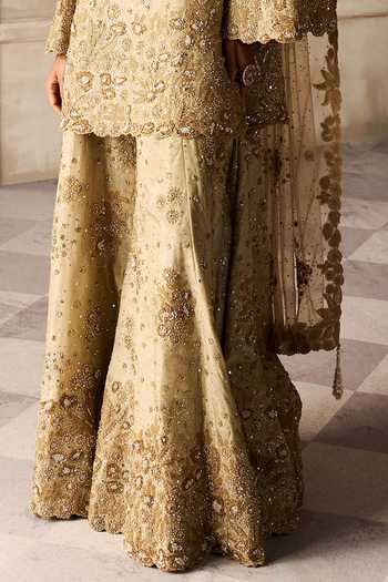 MATSYA Gold Silk, Tissue Sweetheart The Mograbagh Smoky Sanstone Kurta Sharara Set at Aza Fashions MATSYA_Gold Silk, Tissue Sweetheart The Mograbagh Smoky Sanstone Kurta Sharara Set _at_Aza_Fashions