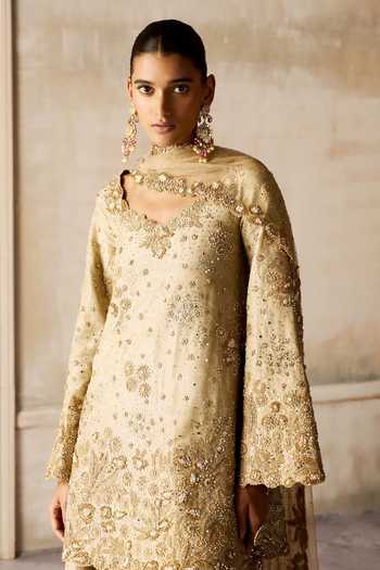 Buy MATSYA Gold Silk, Tissue Sweetheart The Mograbagh Smoky Sanstone Kurta Sharara Set Buy_MATSYA_Gold Silk, Tissue Sweetheart The Mograbagh Smoky Sanstone Kurta Sharara Set