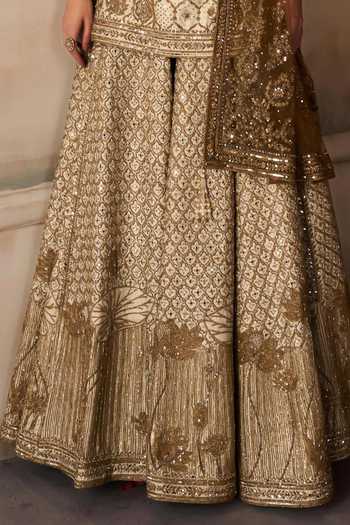 MATSYA Gold Silk High Neck, Yes The Lotus Pond Aged Embroidered Kurta Sharara Set at Aza Fashions MATSYA_Gold Silk High Neck, Yes The Lotus Pond Aged Embroidered Kurta Sharara Set _at_Aza_Fashions