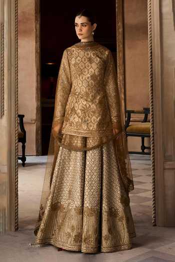 Buy MATSYA Gold Silk High Neck, Yes The Lotus Pond Aged Embroidered Kurta Sharara Set Buy_MATSYA_Gold Silk High Neck, Yes The Lotus Pond Aged Embroidered Kurta Sharara Set