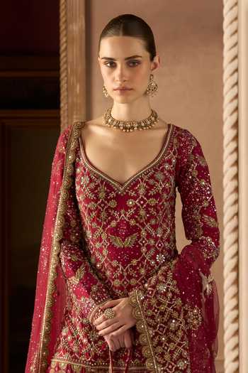 Shop MATSYA Red Silk V-neck The Birds Of Paradise Embroidered Kurta Sharara Set Online at Aza Fashions Shop_MATSYA_Red Silk V-neck The Birds Of Paradise Embroidered Kurta Sharara Set _Online_at_Aza_Fashions