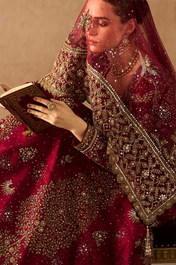 MATSYA Red Silk V-neck The Birds Of Paradise Embroidered Kurta Sharara Set at Aza Fashions MATSYA_Red Silk V-neck The Birds Of Paradise Embroidered Kurta Sharara Set _at_Aza_Fashions