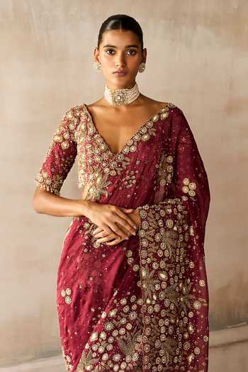 Buy MATSYA Maroon Silk Organza, Tulle The Vintage Nizami Embroidered Saree With Blouse Online at Aza Fashions Buy_MATSYA_Maroon Silk Organza, Tulle The Vintage Nizami Embroidered Saree With Blouse _Online_at_Aza_Fashions