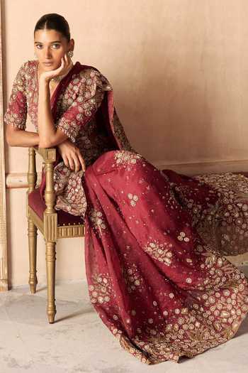 Shop MATSYA Maroon Silk Organza, Tulle The Vintage Nizami Embroidered Saree With Blouse Online at Aza Fashions Shop_MATSYA_Maroon Silk Organza, Tulle The Vintage Nizami Embroidered Saree With Blouse _Online_at_Aza_Fashions