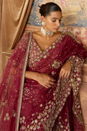 MATSYA Maroon Silk Organza, Tulle The Vintage Nizami Embroidered Saree With Blouse at Aza Fashions MATSYA_Maroon Silk Organza, Tulle The Vintage Nizami Embroidered Saree With Blouse _at_Aza_Fashions