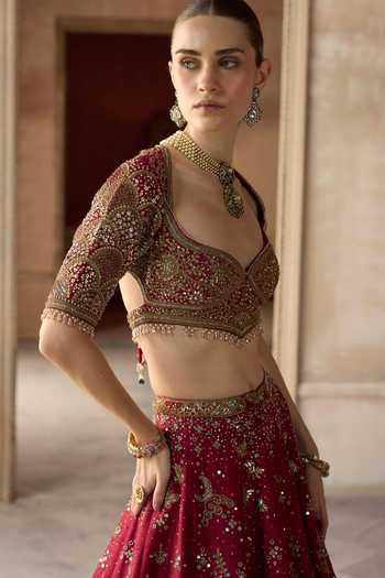 Buy MATSYA Red Silk, Tulle Sweetheart Neck The Royal Tree Of Life Bridal Lehenga Set Online at Aza Fashions Buy_MATSYA_Red Silk, Tulle Sweetheart Neck The Royal Tree Of Life Bridal Lehenga Set _Online_at_Aza_Fashions