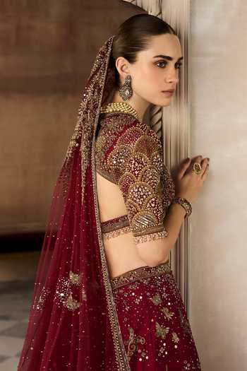 Shop MATSYA Red Silk, Tulle Sweetheart Neck The Royal Tree Of Life Bridal Lehenga Set Online at Aza Fashions Shop_MATSYA_Red Silk, Tulle Sweetheart Neck The Royal Tree Of Life Bridal Lehenga Set _Online_at_Aza_Fashions