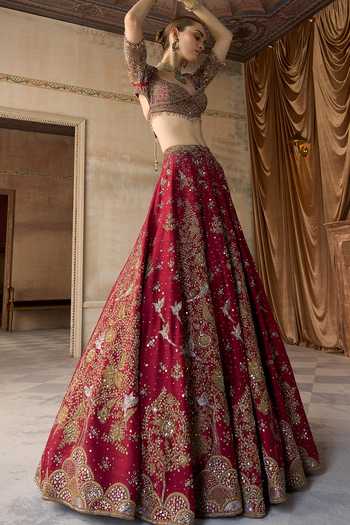 Buy MATSYA Red Silk, Tulle Sweetheart Neck The Royal Tree Of Life Bridal Lehenga Set Buy_MATSYA_Red Silk, Tulle Sweetheart Neck The Royal Tree Of Life Bridal Lehenga Set
