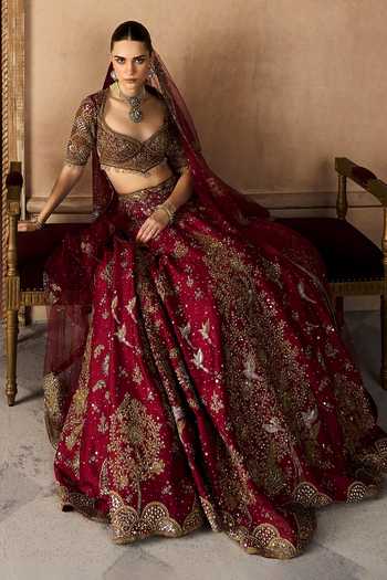 Shop MATSYA Red Silk, Tulle Sweetheart Neck The Royal Tree Of Life Bridal Lehenga Set Shop_MATSYA_Red Silk, Tulle Sweetheart Neck The Royal Tree Of Life Bridal Lehenga Set