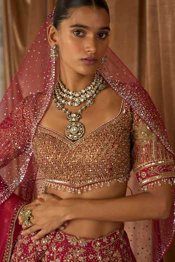 Buy MATSYA Red Silk, Tulle Sweetheart Neck The Vintage Lotus Pond Bridal Lehenga Set Online at Aza Fashions Buy_MATSYA_Red Silk, Tulle Sweetheart Neck The Vintage Lotus Pond Bridal Lehenga Set _Online_at_Aza_Fashions