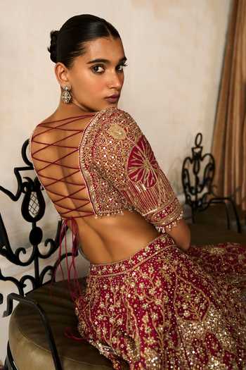 Shop MATSYA Red Silk, Tulle Sweetheart Neck The Vintage Lotus Pond Bridal Lehenga Set Online at Aza Fashions Shop_MATSYA_Red Silk, Tulle Sweetheart Neck The Vintage Lotus Pond Bridal Lehenga Set _Online_at_Aza_Fashions