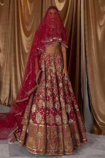 MATSYA Red Silk, Tulle Sweetheart Neck The Vintage Lotus Pond Bridal Lehenga Set at Aza Fashions MATSYA_Red Silk, Tulle Sweetheart Neck The Vintage Lotus Pond Bridal Lehenga Set _at_Aza_Fashions