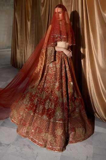 MATSYA Orange Silk, Tulle Round Neck The Vintage Lotus Pond Aged Bridal Lehenga Set Online at Aza Fashions MATSYA_Orange Silk, Tulle Round Neck The Vintage Lotus Pond Aged Bridal Lehenga Set _Online_at_Aza_Fashions