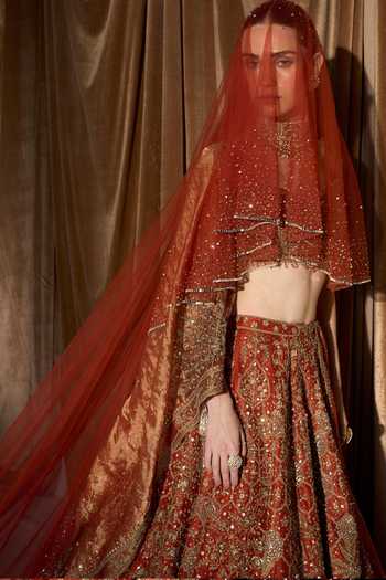 Buy MATSYA Orange Silk, Tulle Round Neck The Vintage Lotus Pond Aged Bridal Lehenga Set Online at Aza Fashions Buy_MATSYA_Orange Silk, Tulle Round Neck The Vintage Lotus Pond Aged Bridal Lehenga Set _Online_at_Aza_Fashions