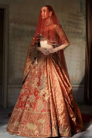 Shop MATSYA Orange Silk, Tulle Round Neck The Vintage Lotus Pond Aged Bridal Lehenga Set Online at Aza Fashions Shop_MATSYA_Orange Silk, Tulle Round Neck The Vintage Lotus Pond Aged Bridal Lehenga Set _Online_at_Aza_Fashions