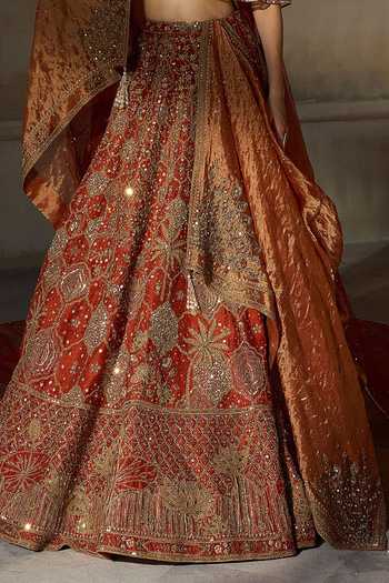 MATSYA Orange Silk, Tulle Round Neck The Vintage Lotus Pond Aged Bridal Lehenga Set at Aza Fashions MATSYA_Orange Silk, Tulle Round Neck The Vintage Lotus Pond Aged Bridal Lehenga Set _at_Aza_Fashions