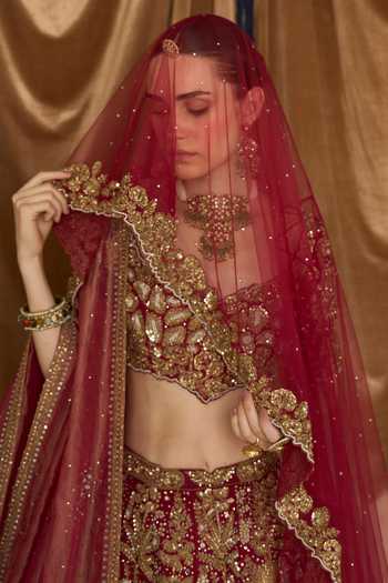 Buy MATSYA Red Silk, Tulle Sweetheart Neck The Vintage Tuscan Heritage Bridal Lehenga Set Online at Aza Fashions Buy_MATSYA_Red Silk, Tulle Sweetheart Neck The Vintage Tuscan Heritage Bridal Lehenga Set _Online_at_Aza_Fashions